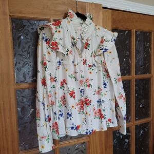 Tuckernuck White Button-Front Ruffle Blouse with Red, Blue, Yellow & Pink Floral